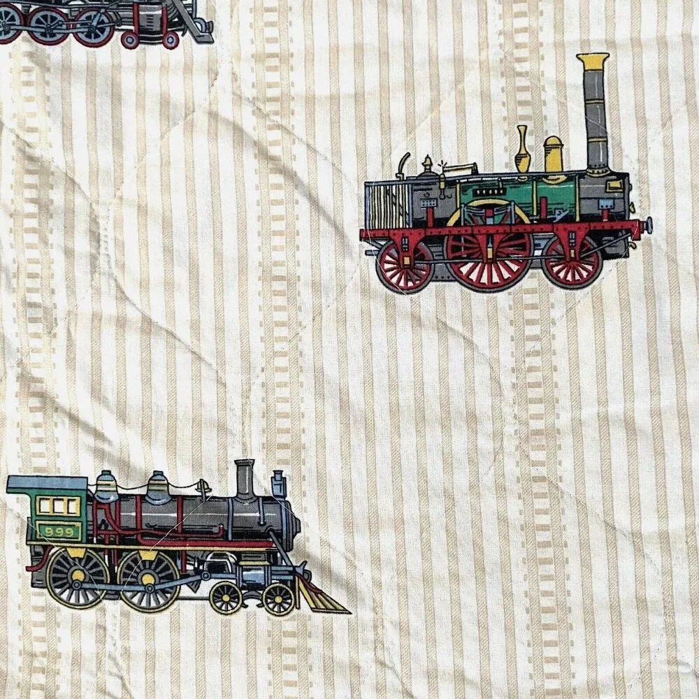 Vintage train locomotive quilt handmade striped tracks transportation kids 88x66